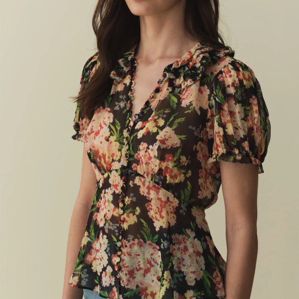 Doen Alona Black Floral Sheer Button-Front Blouse - Picture 7 of 10